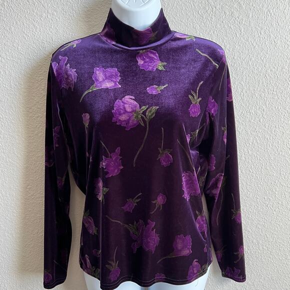 Christie & Jill Vintage Purple Floral Velvet Turtleneck Top Women's S Stretch - Picture 1 of 4